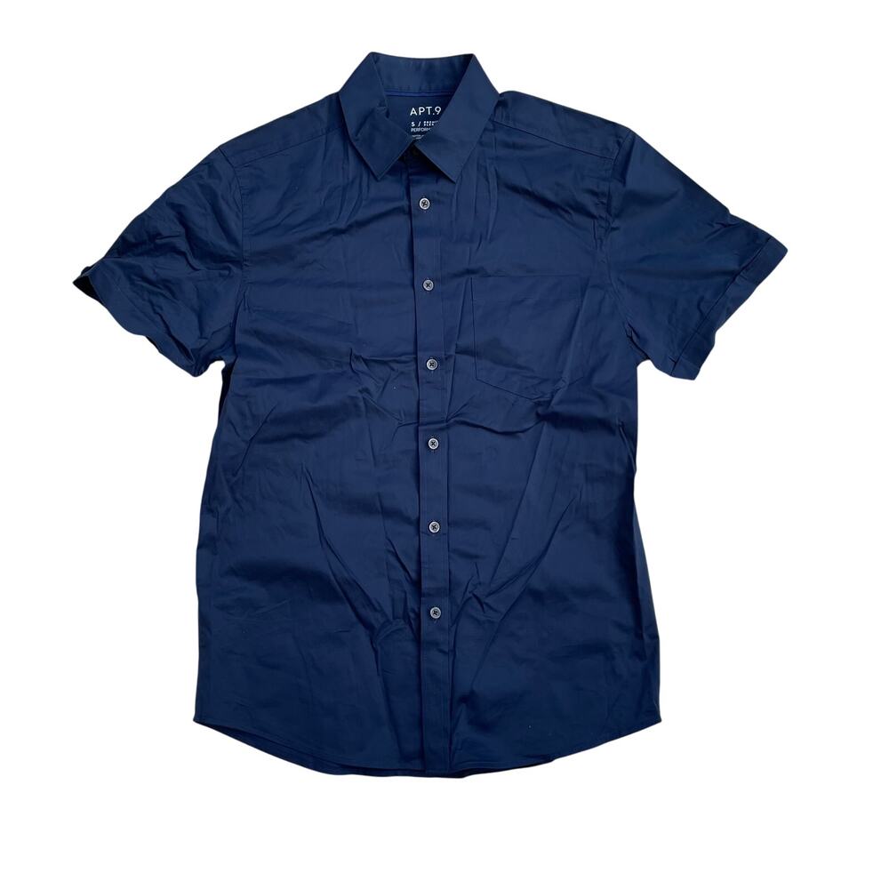 Mens Small Apt 9 Performance Button Down Causal Plain Navy Blue NEW